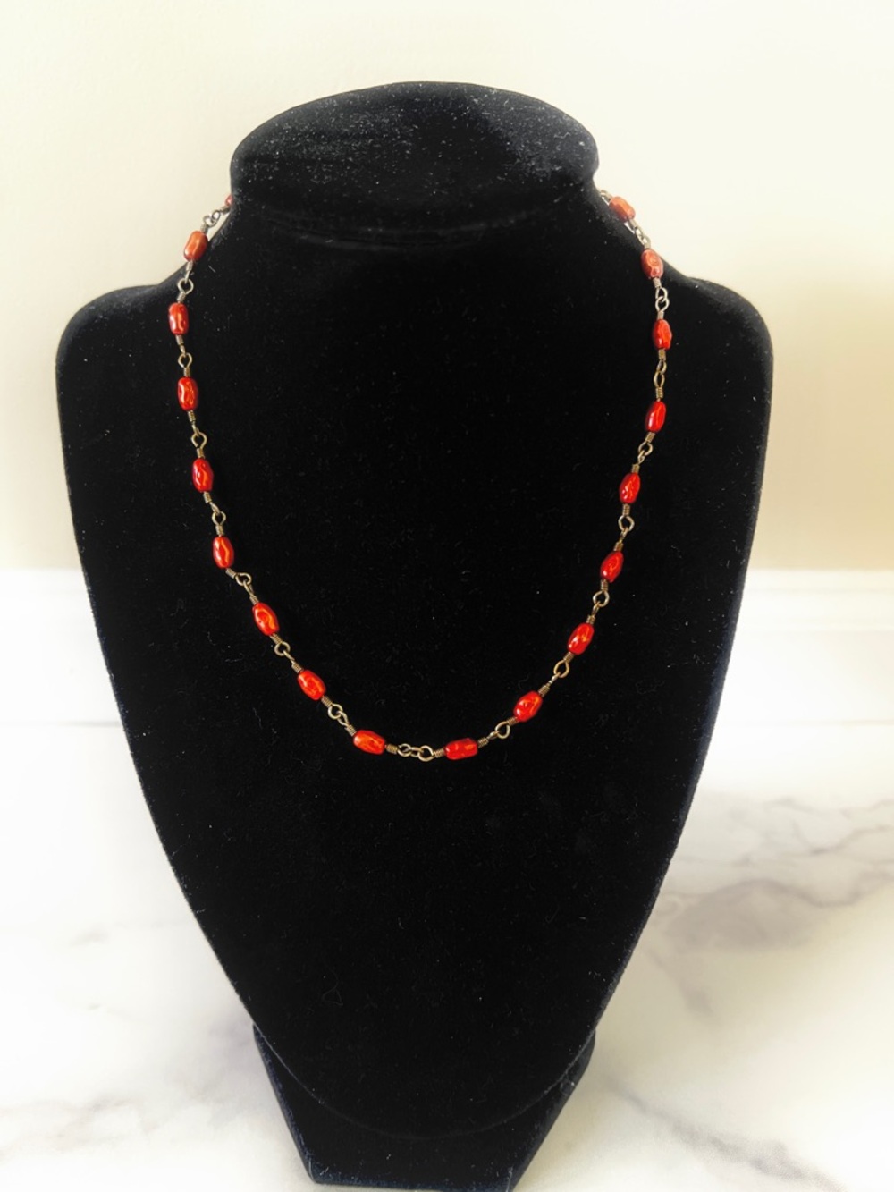 Vintage Copper Bead Station Necklace with Heart-shaped Clasp, 15.5 in